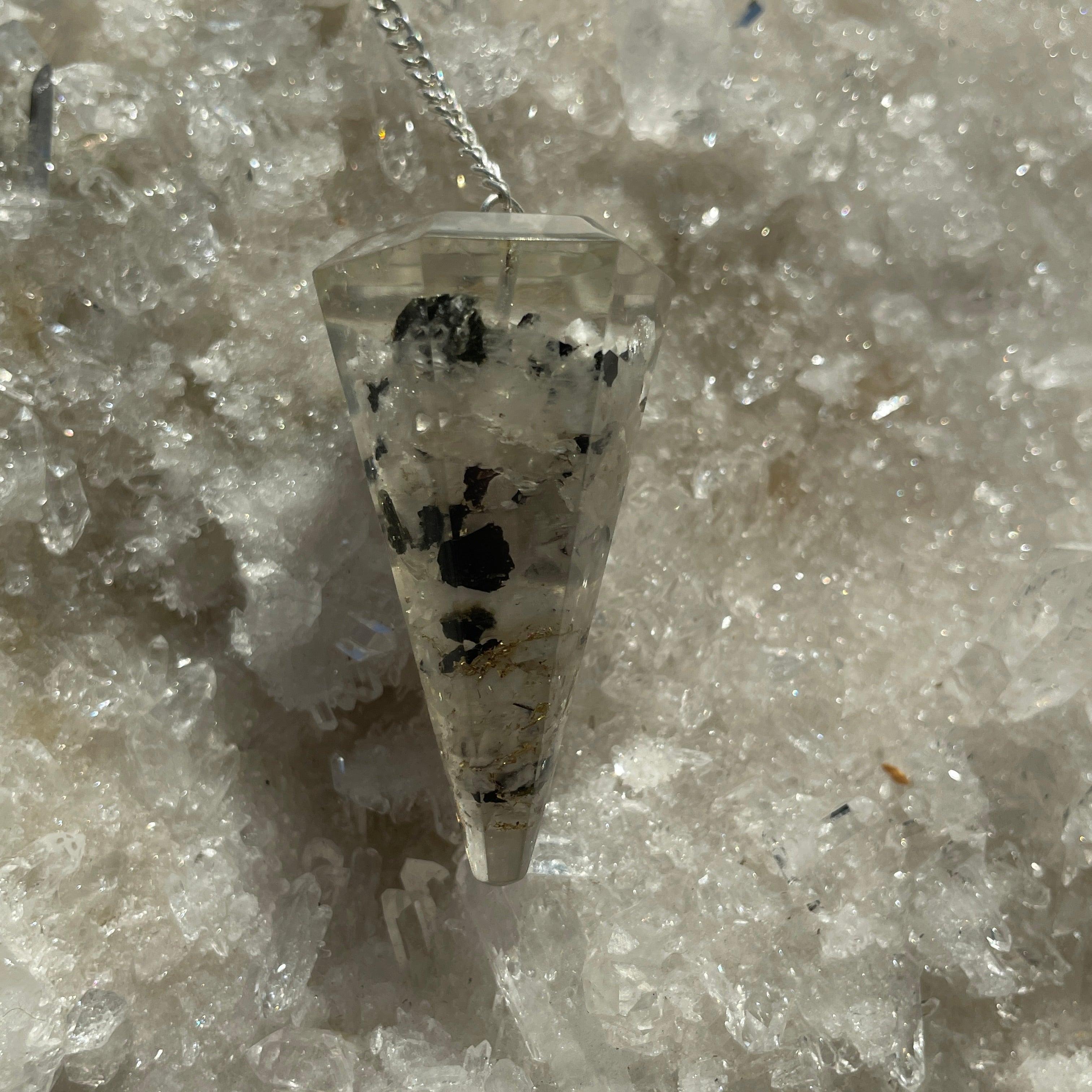 Orgonite Faceted Pendulum - Rainbow Moonstone Orgonite Faceted Pendulum - Rainbow Moonstone